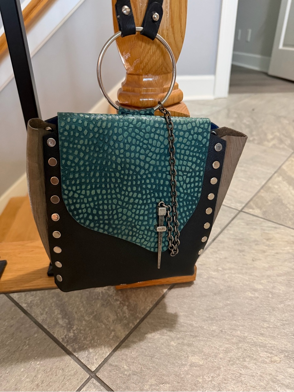 Teal Patterned Flap Black Bag with Chain Accent
